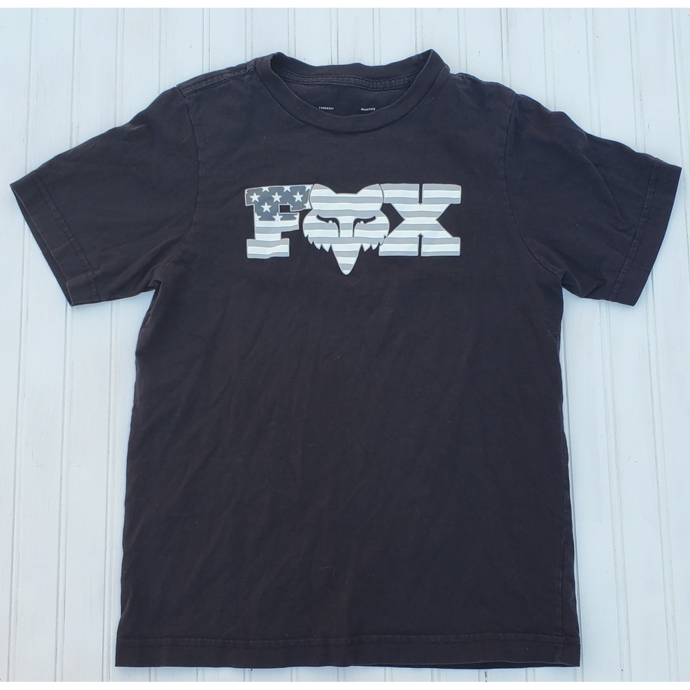 Fox Racing Shirt Youth Boys Medium Black Fox Logo USA Flag Gray‎ And White